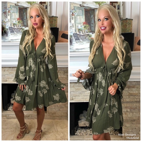 ❤️LAST 1! Olive V Neck Bell Sleeve Floral Dress! - Picture 4 of 6